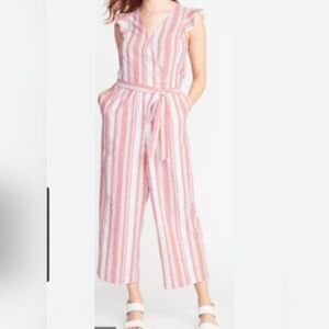 Old Navy Linen Cropped Romper Women’s Med Red White Striped Ruffle Jumper EUC